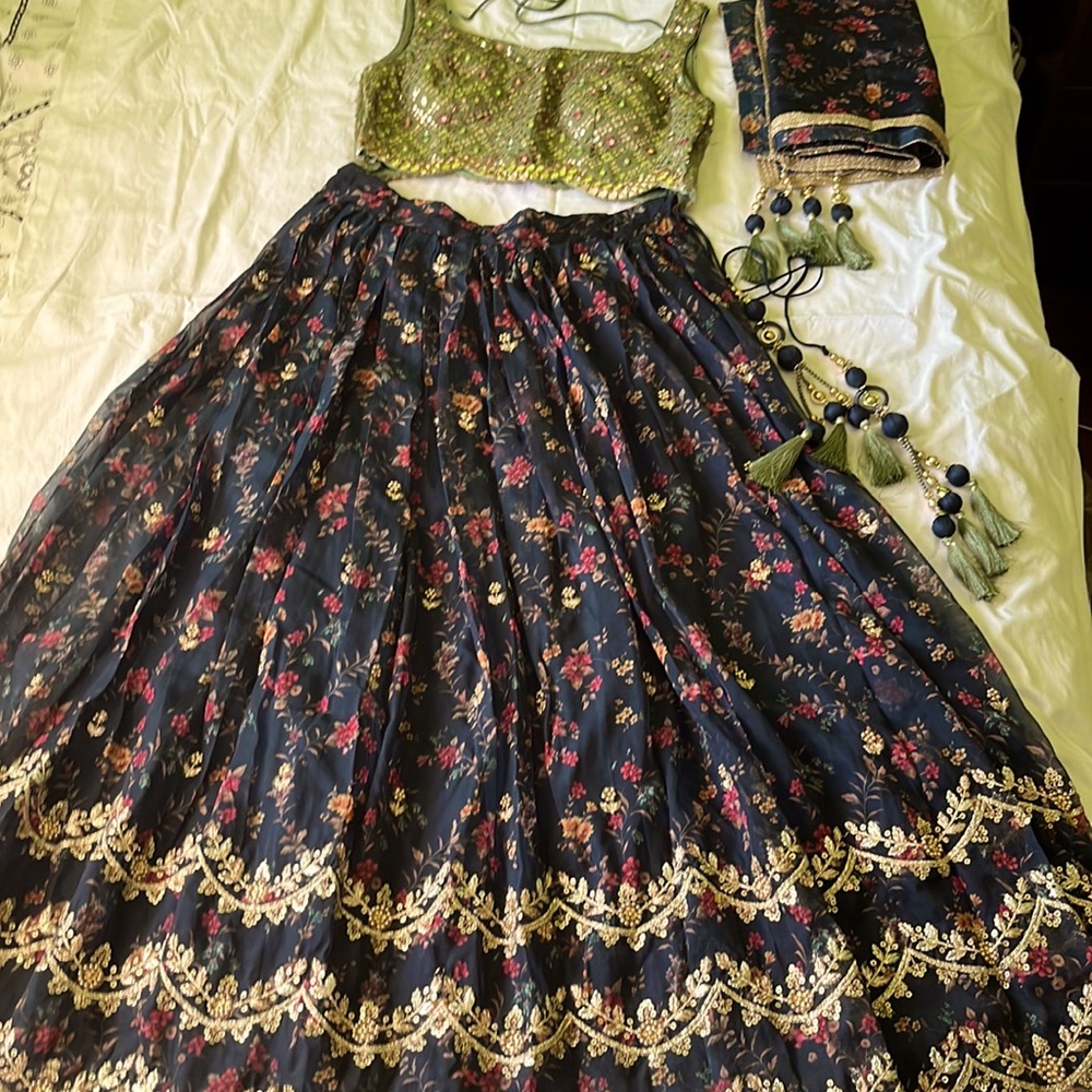 lehenga Choli medium floral navy blue green mirror work gold embroidered Indian
